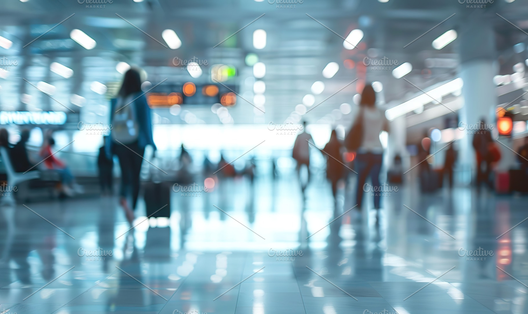 Blurred people in motion in airport terminal, a Photo by AlyaAnd