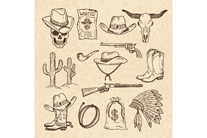 Western Symbols. Cowboy, Guns, Saloon And Other Wild West Pictures Set. Vector Hand Drawn Pictures