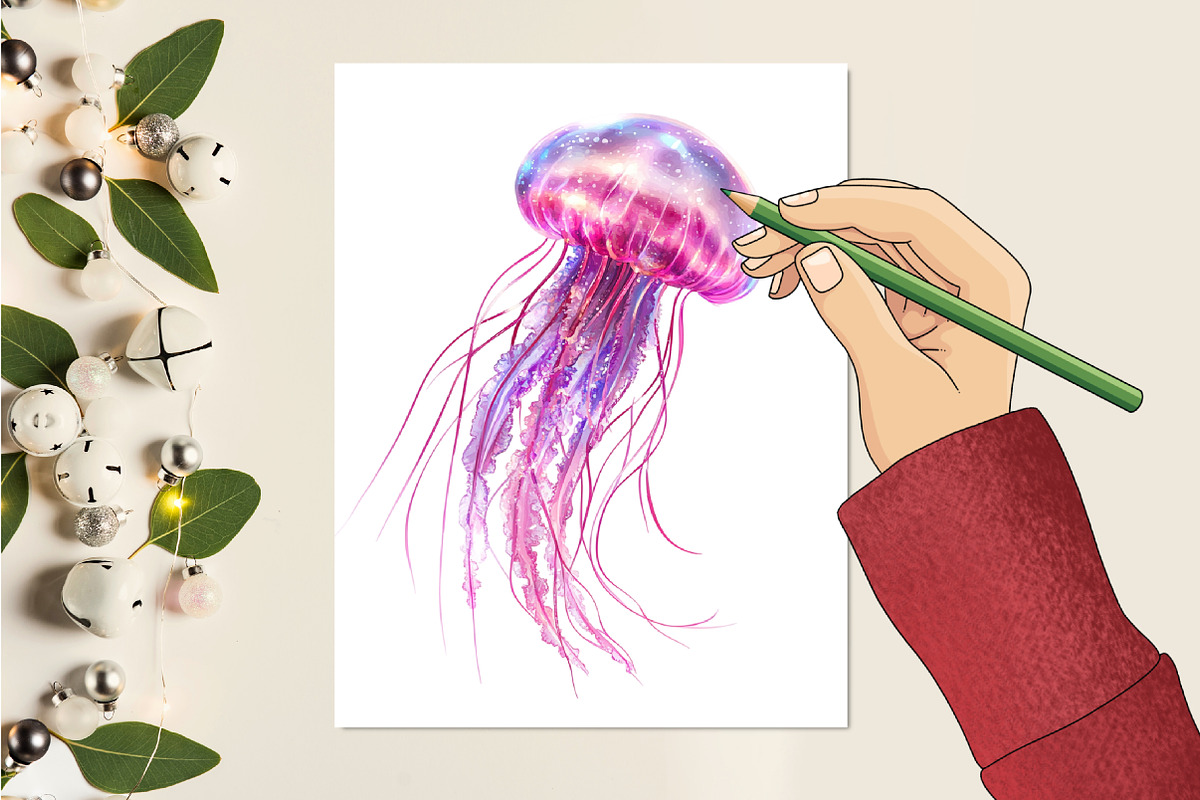 jellyfish, watercolor, cliparts, sea, an Illustration by RobertsArt (Photo 4 of 7)
