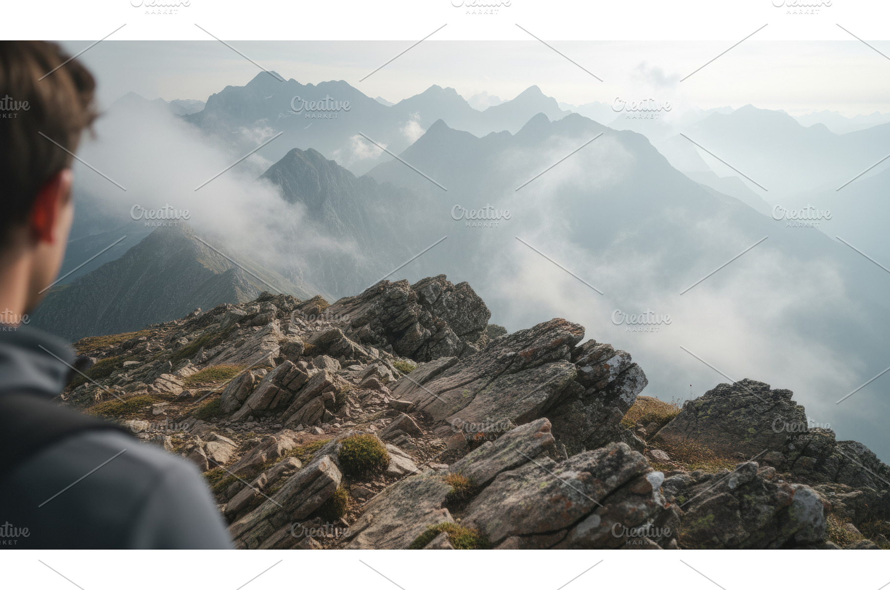 Hiker on rocky alpine ridge looks, a Nature Photo by Igor Tichonow