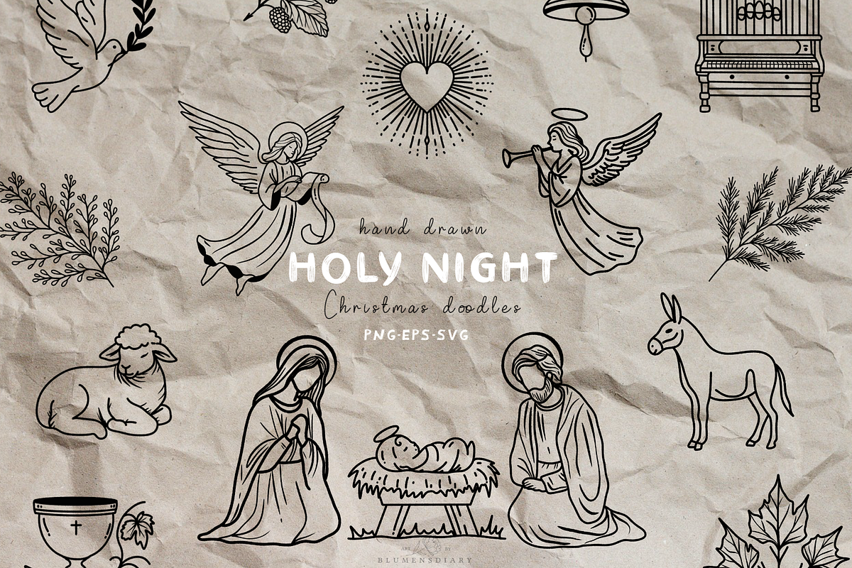 Holy Night Nativity Scene Line Art, a Seasonal Illustration by Blumensdiary (Photo 1 of 7)