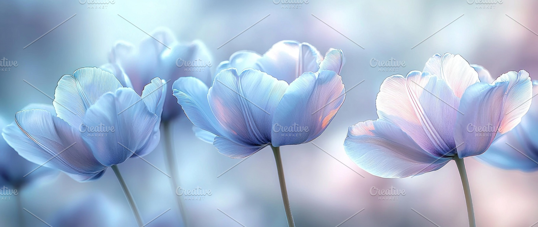 Delicate pastel blue tulips glowing softly in ethereal light wit, a Nature Photo by José Manuel Gelpi