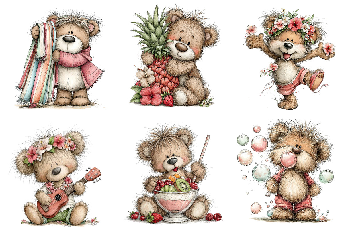 Whimsical Summer Teddy Bear Clipart, an Illustration by Dream Creation (Photo 2 of 6)