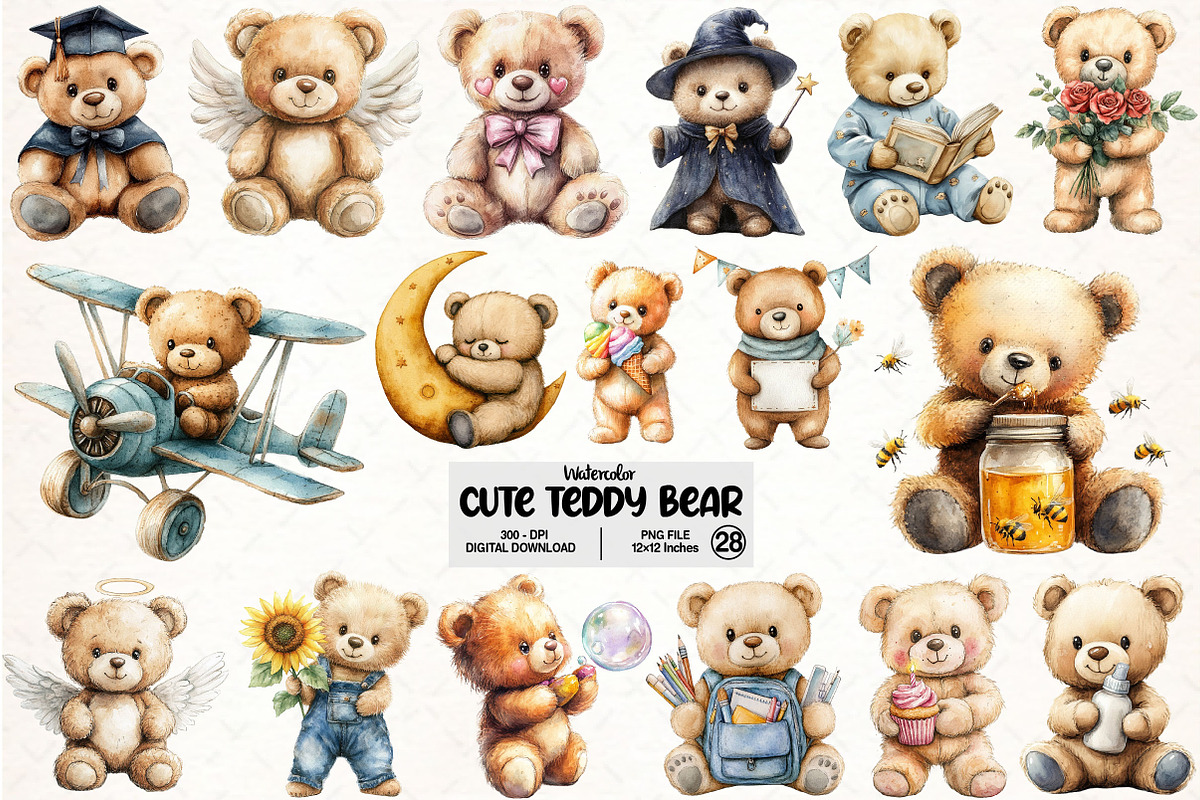 Watercolor Cute Teddy Bear PNG, an Illustration by Pixels.Craft (Photo 1 of 7)