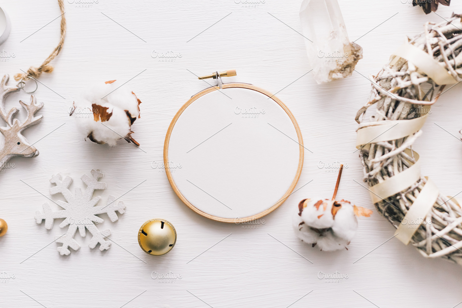 Flat lay top view christmas photo with an embroidery hoop and cute decoration, a Holiday Photo by Sentimental postman