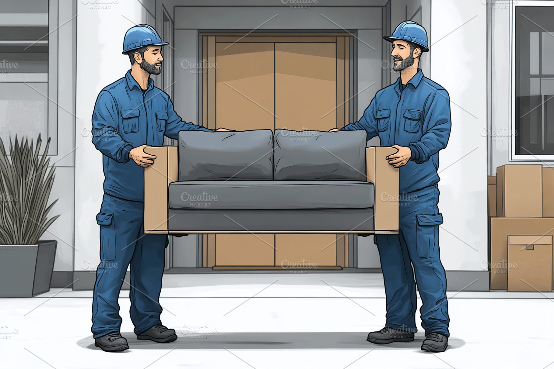 Two movers transporting a gray sofa in a modern indoor setting during daylight, a Photo by AlyaAnd