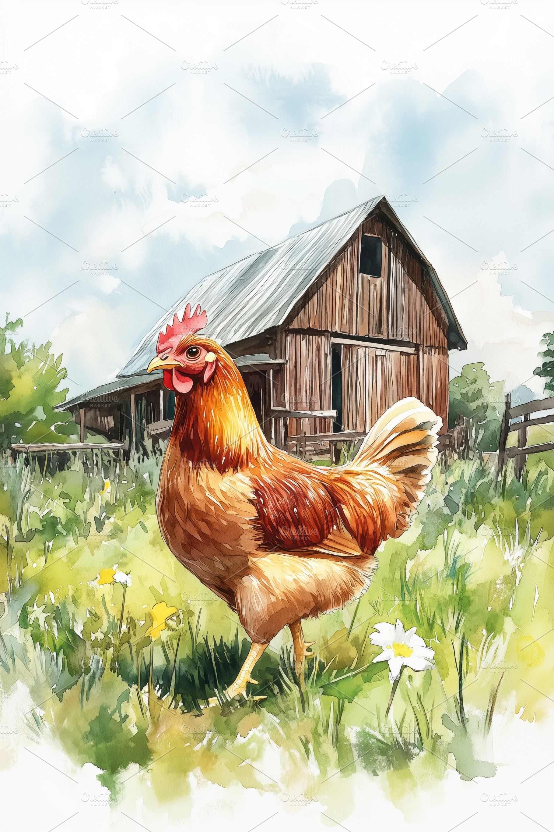 A colorful illustration of a hen walking in a grassy field with wildflowers, in, an Animal Photo by Textures & Backgrounds