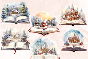 Watercolor Christmas Books Clipart