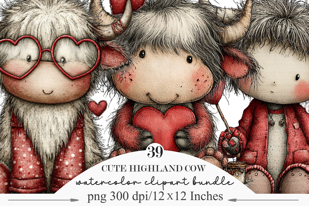 Valentine Cute Highland Cow Clipart, an Illustration by Designking (Photo 1 of 5)