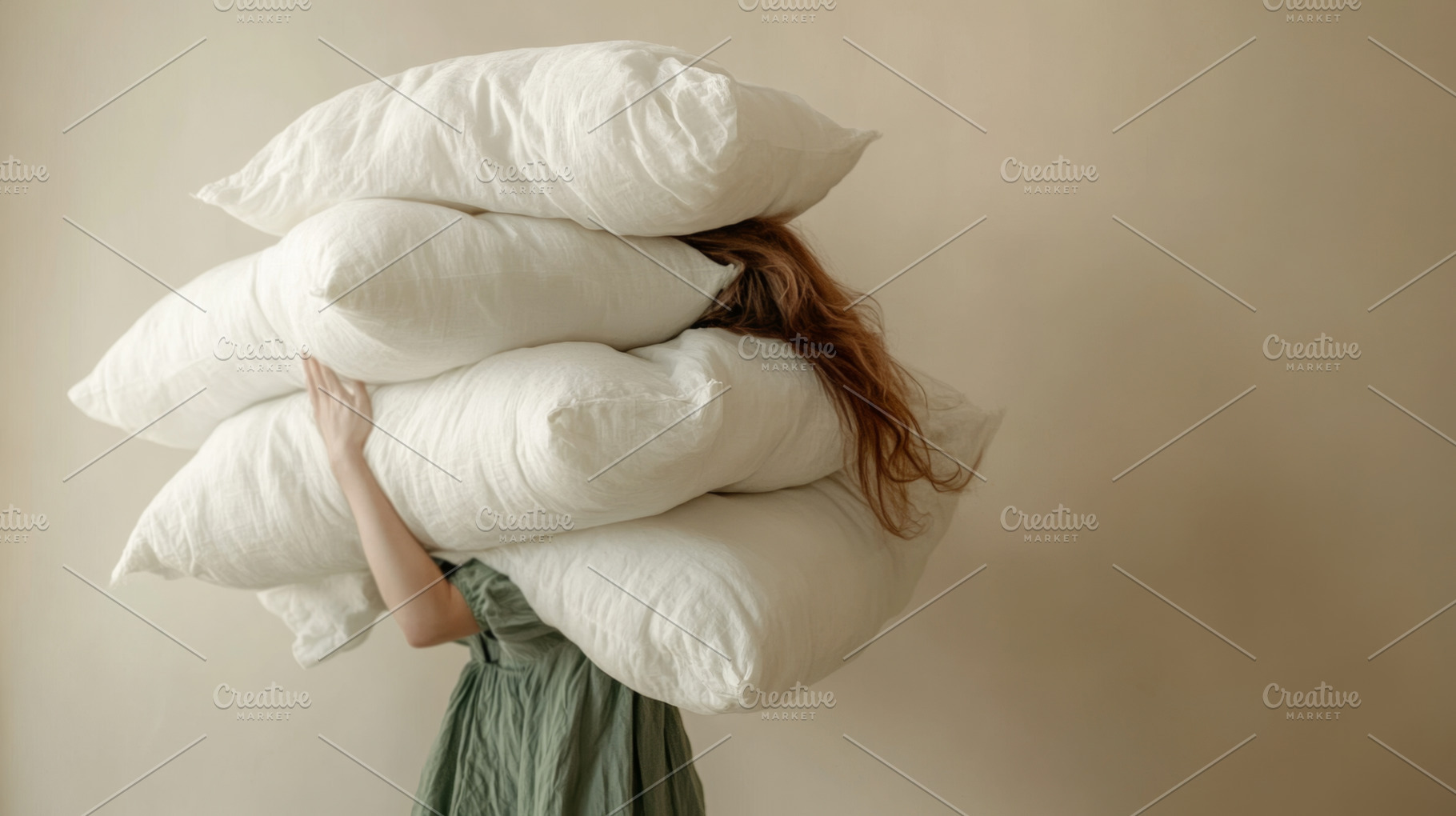 Woman Carrying a Stack of Pillows in Minimalist Setting, an Abstract Photo by Natalia Klenova's Shop