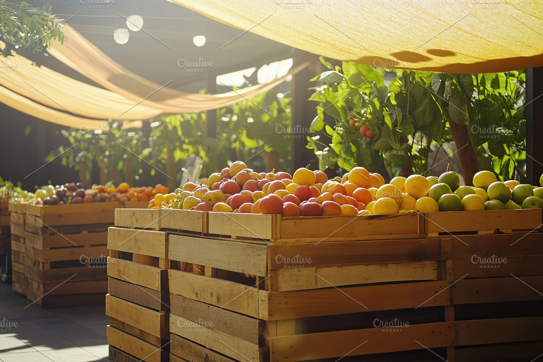 Vibrant summer market with wooden crates overflowing with fresh fruits and vege, a Food & Drink Photo by AlyaAnd