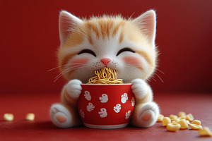 Cute kitten enjoying noodles from a, a Photo by Tanuart