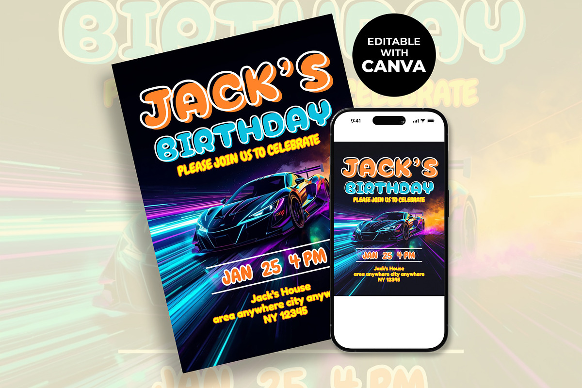 Race Car Canva Birthday Invitation, an Invitation Template by M9 Design (Photo 2 of 4)