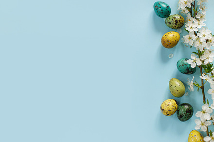 Happy Easter! Easter stylish eggs and blooming spring flowers on, a Holiday Photo by Sonjachni