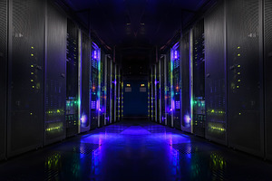 Modern server room symmetry ranks supercomputers light featuring business