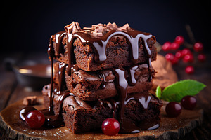 Chocolate brownie with currant berries on wooden background, a Food & Drink Photo by AlyaAnd
