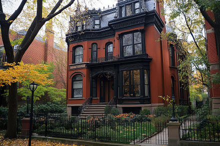 A beautiful Victorian-style red brick house surrounded by lush greenery and aut, an Architecture Photo by Textures & Backgrounds