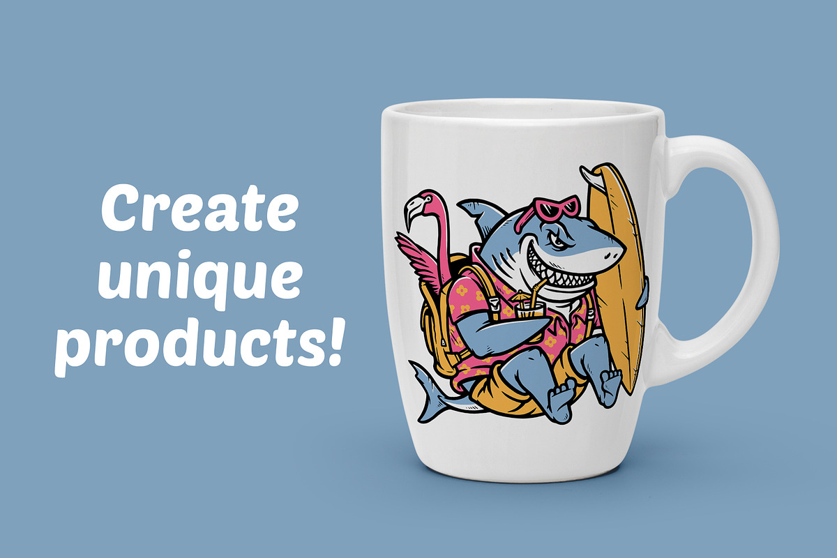 shark holding a surfboard, an Animal Illustration by gunaonedesign (Photo 2 of 5)