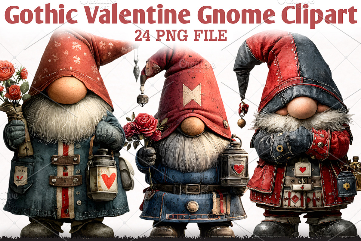 Gothic Valentine Gnome Clipart Set, an Illustration by RobertsArt (Photo 1 of 5)