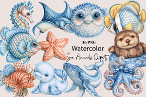 Watercolor Sea Animals Clipart