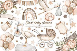 Watercolor stork baby shower clipart