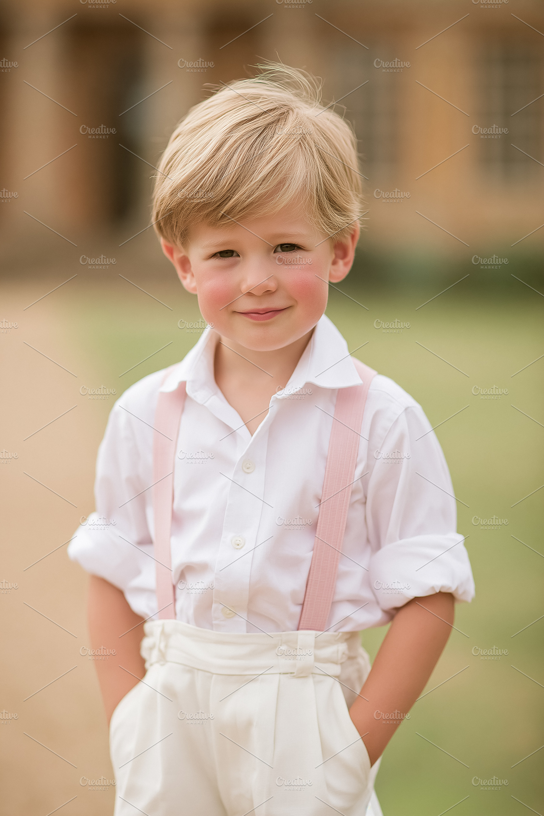 Young blonde boy smiling and looking at camera, wearing white sh, a Person Photo by Studio ANNA