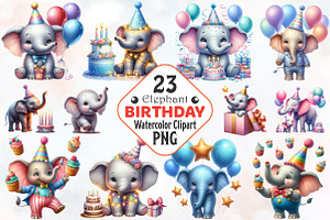 Elephant Birthday Watercolor Clipart, an Illustration by RobertsArt