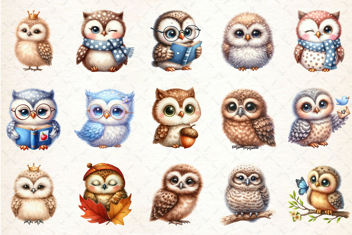 Watercolor Baby Owl Clipart, an Illustration by Rose Art (Photo 2 of 7)