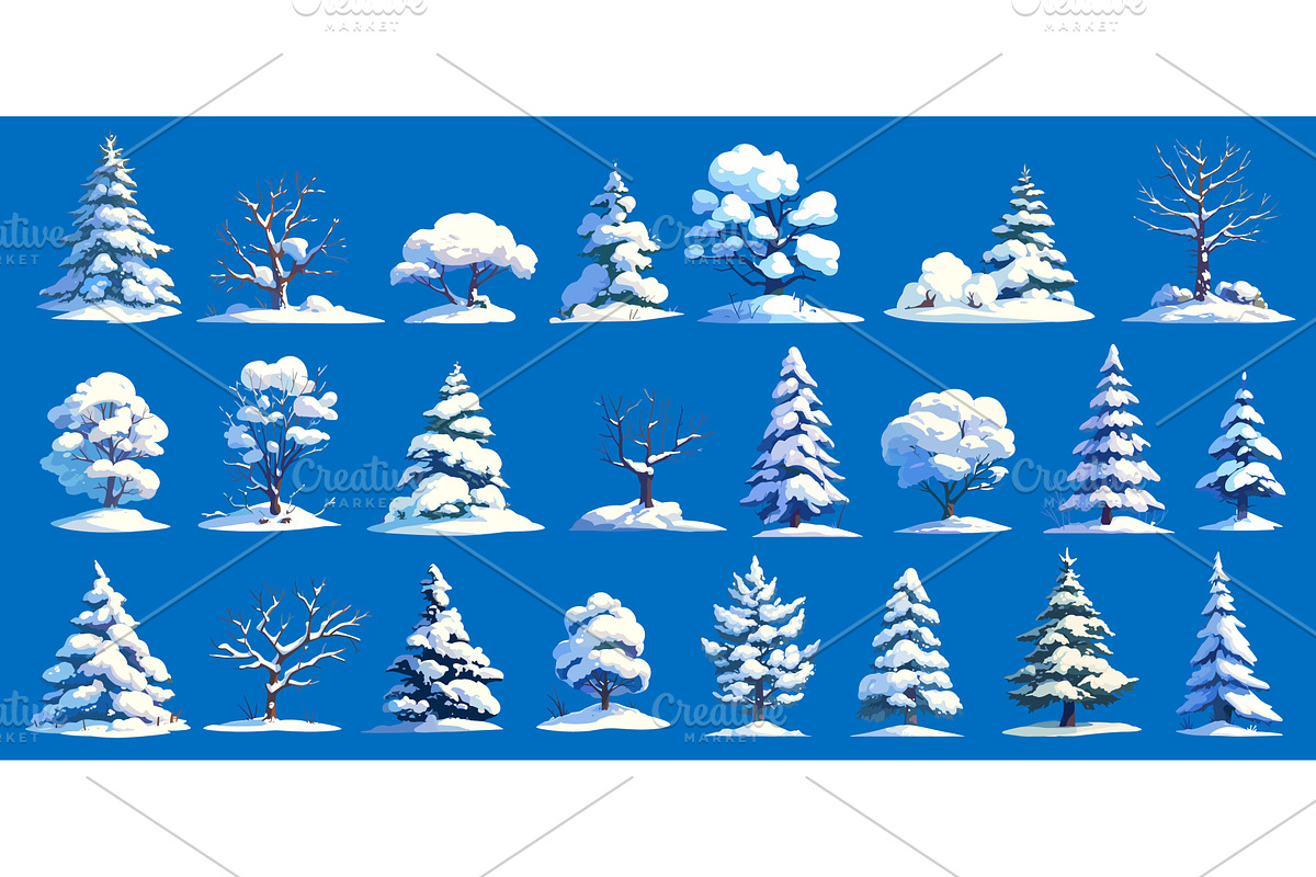 Snow covered trees. Cartoon winter, an Illustration by Stock-Smart-Start