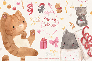CAT CHRISTMAS. Watercolor clipart, an Animal Illustration by OlliArtDesign