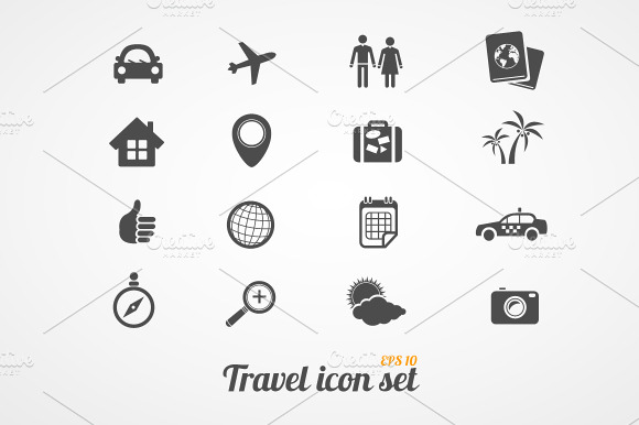 Travel Icons Set. Black White