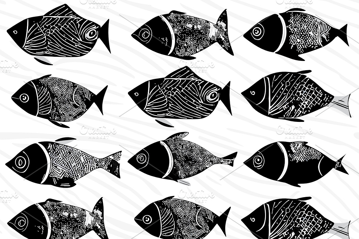 Monochromatic retro school of fish, an Animal Illustration by Mintpoptrend (Photo 1 of 4)