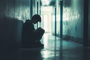 Alone in a shadowy school corridor, a Photo by Pavel_design