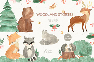 WOODLAND ANIMALS. Watercolor