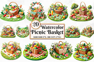 Watercolor Picnic Basket Sublimation, a Seasonal Illustration by Craft Nest