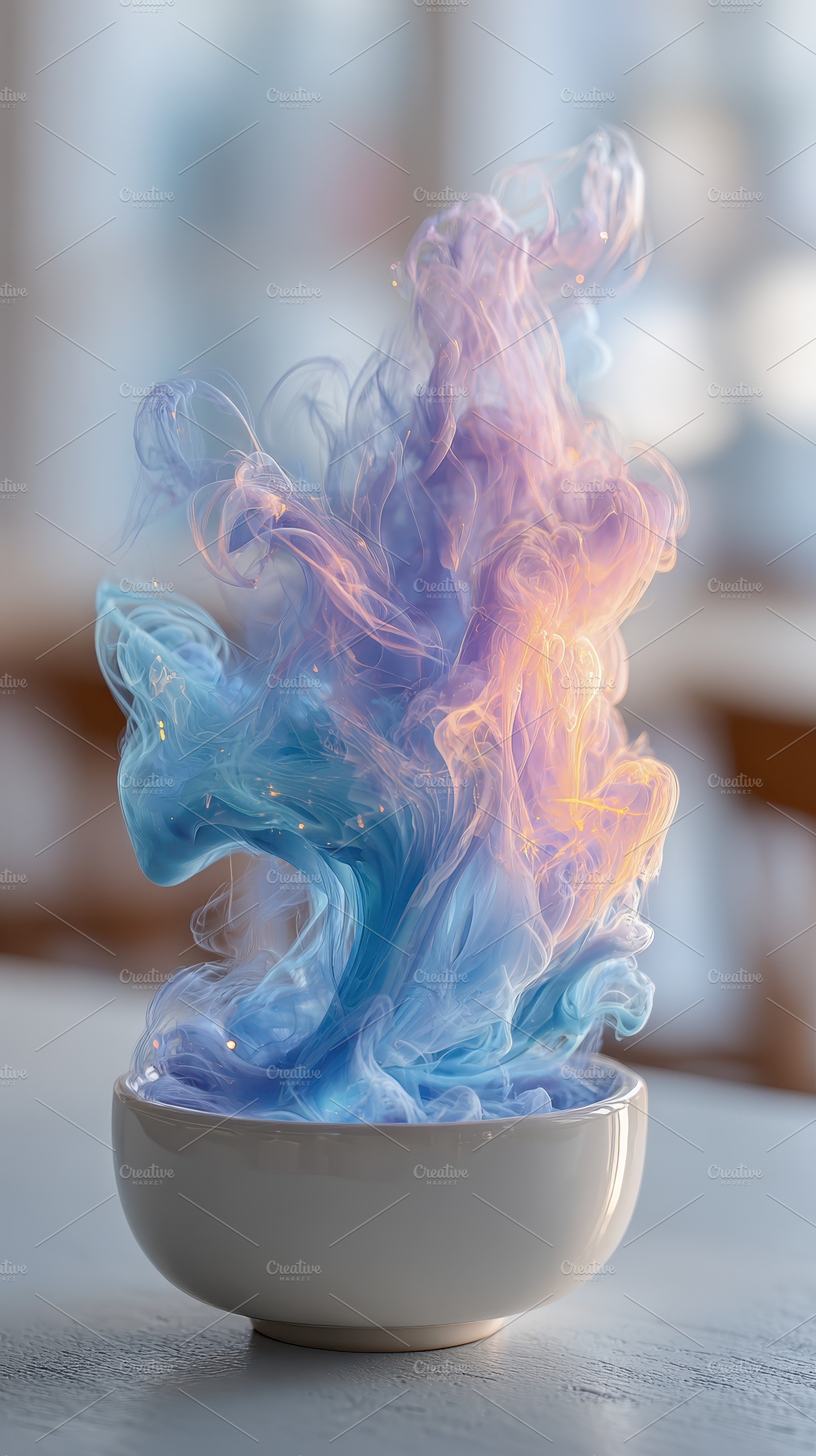 Colorful smoke swirls in white bowl, a Photo by Pixeness Studio