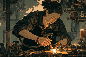 Young female artist welding metal in a workshop surrounded by tools, an Illustration by AS photostudio