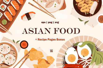 Asian Food Clipart + Recipe Page, a Food Illustration by vik.stock