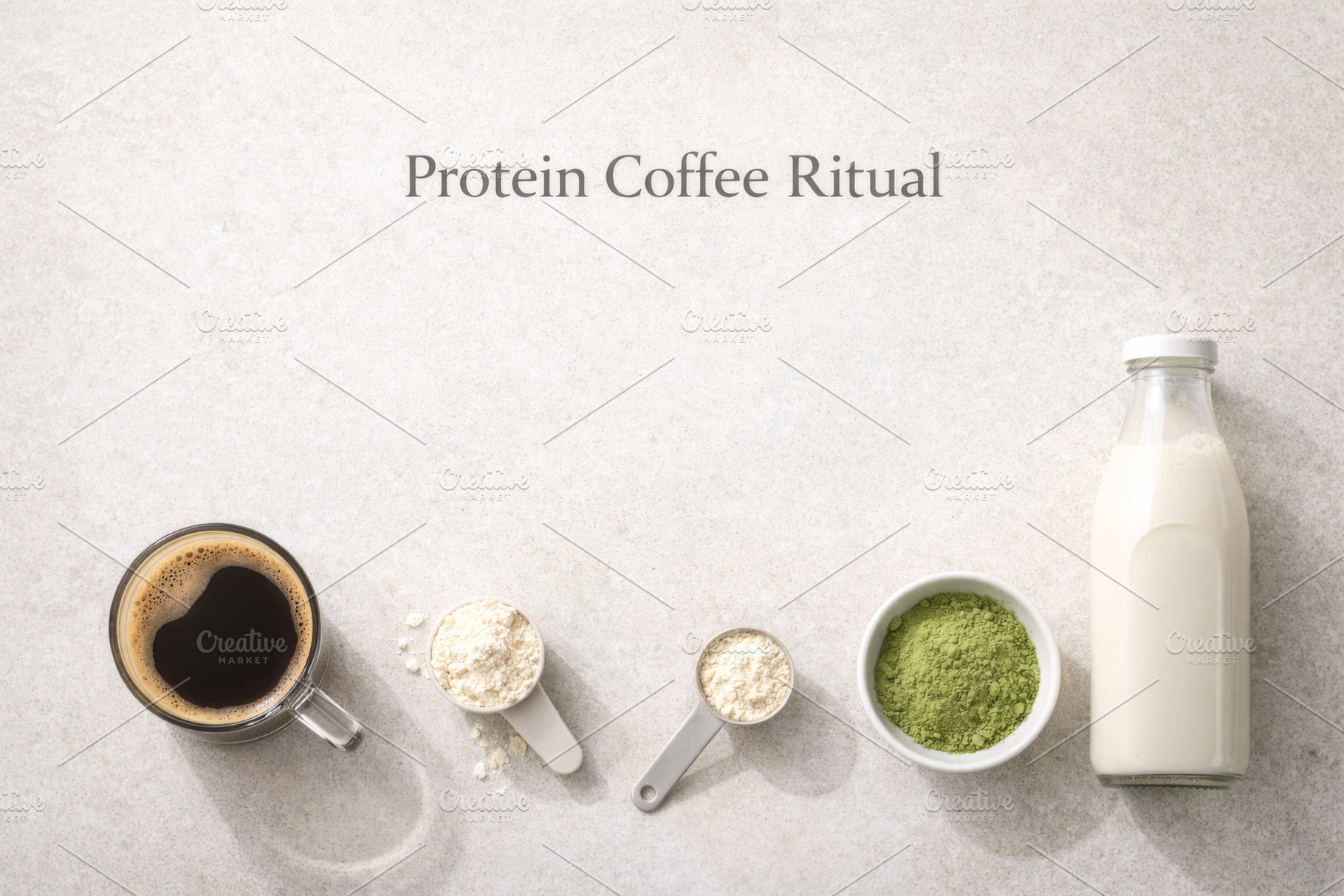 Protein coffee ingredients on a textured surface, with text spac, a Photo by Dvoevnore photos