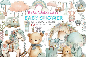 Watercolor Boho Baby Shower Clipart