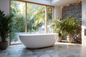 Elegant bathroom with large window, an Architecture Photo by Virgo Studio