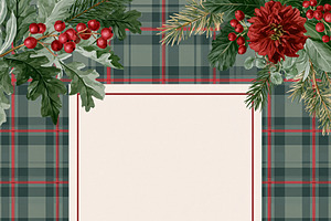 Festive plaid background with a blank frame, red berries, pine b, an Illustration by Studio ANNA