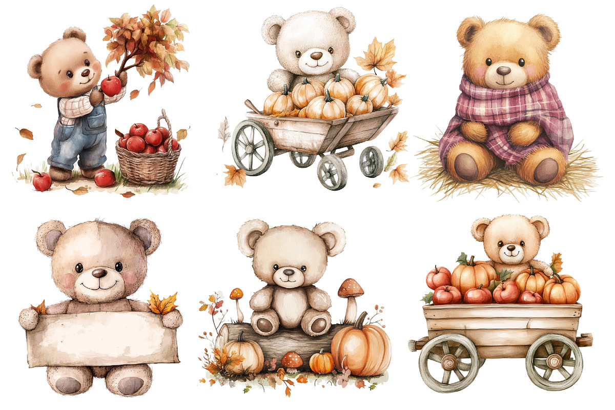 Watercolor Autumn Teddy Bear Clipart, an Illustration by Watercolor design (Photo 3 of 4)