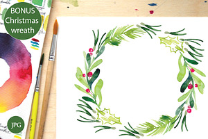 Watercolor Christmas Set, Wreath