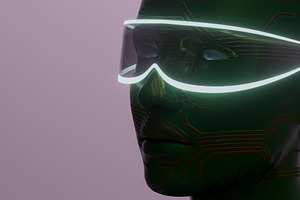 Green circuit humanoid wearing glowing smart visor