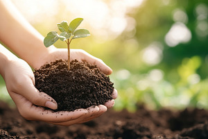 Male hands taking care of small tree sapling, a Photo by AlyaAnd