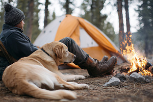 Man sitting by a campfire with dog, an Animal Photo by MistyDay