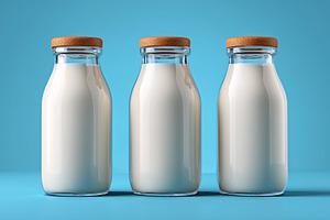 Three bottles of milk on blue, a Food & Drink Photo by MistyDay