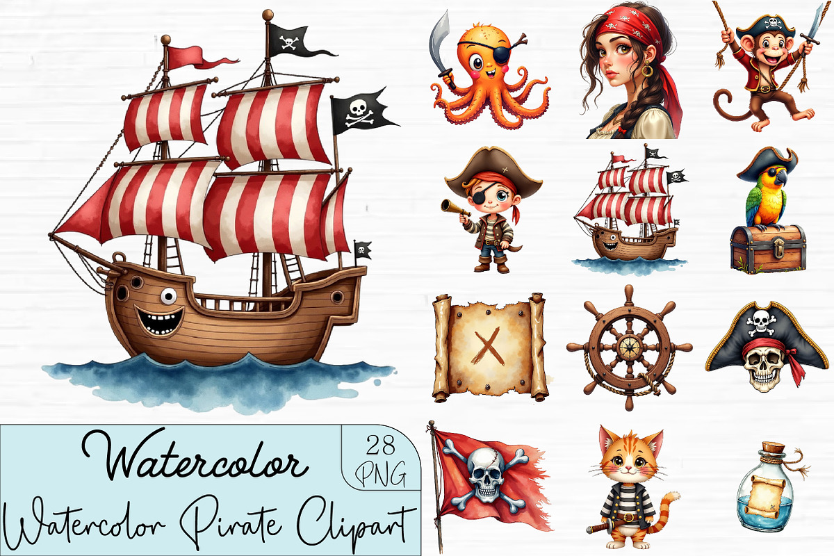 Watercolor Pirate Clipart, an Illustration by CrexoraLab (Photo 1 of 4)