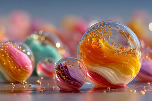 Colorful glass spheres with swirling patterns and golden bubbles, a Decorative Illustration by José Manuel Gelpi